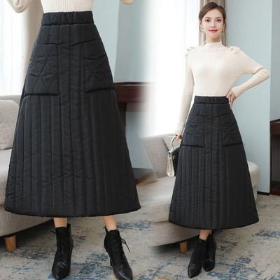 Women Down Skirt Elastic High Waist Large Swing Design Midi Skirt with Pockets Solid Color A-Line Windproof Skirt
