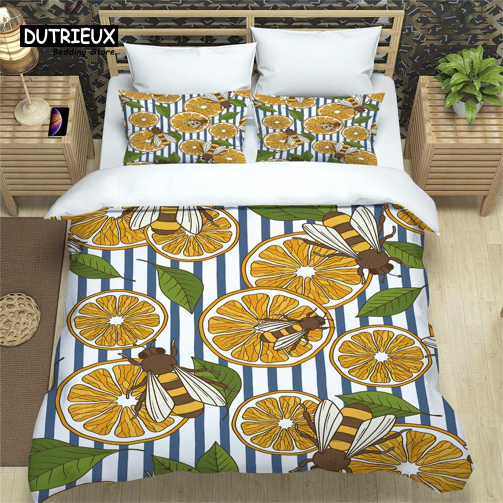 Summer Tropical Fruit Bedding Set Cartoon Fruits Orange Lemon Print Duvet Cover Microfiber Double Comforter Cover Bedroom Decor