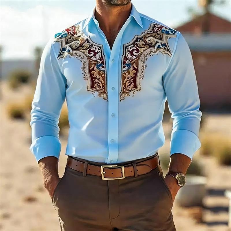 Men's Retro Fashion Printed Long-Sleeve Shirt, Western Cowboy Style, Slim Fit Casual Shirt, Comfortable Fabric, Sizes XS-6XL