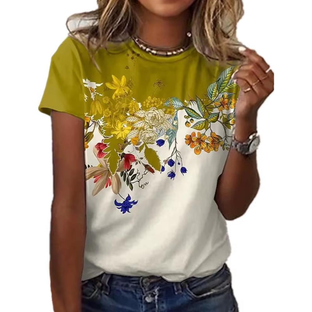 Fashion art floral pattern T-shirt for ladies, summer casual printed outfit