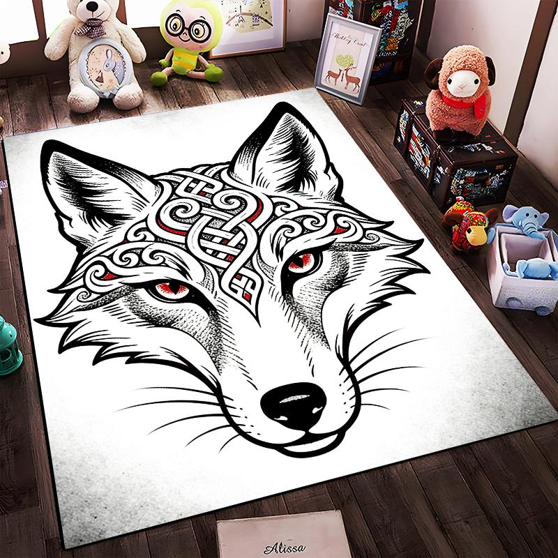 Wolf Head Carpet with Red Eyes and Intricate Tribal Design, Nordic Style Suitable for Use As an Anti-slip for Living Room Bedroom Sofas