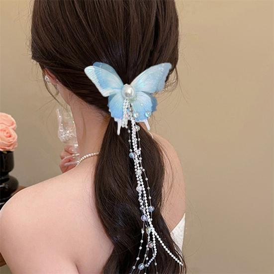 Girls Hair Pin Butterflies Decor Faux Pearls Beaded Long Tassel Hair Clip Wedding Prom Birthday Hair Barrette