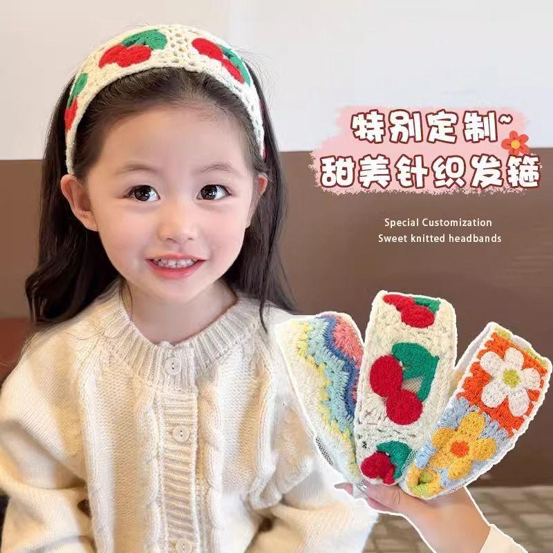Children's sweet knitted embroidery wool flower headband girl finishing broken hair artifact wide edge headband hair accessories hairpin