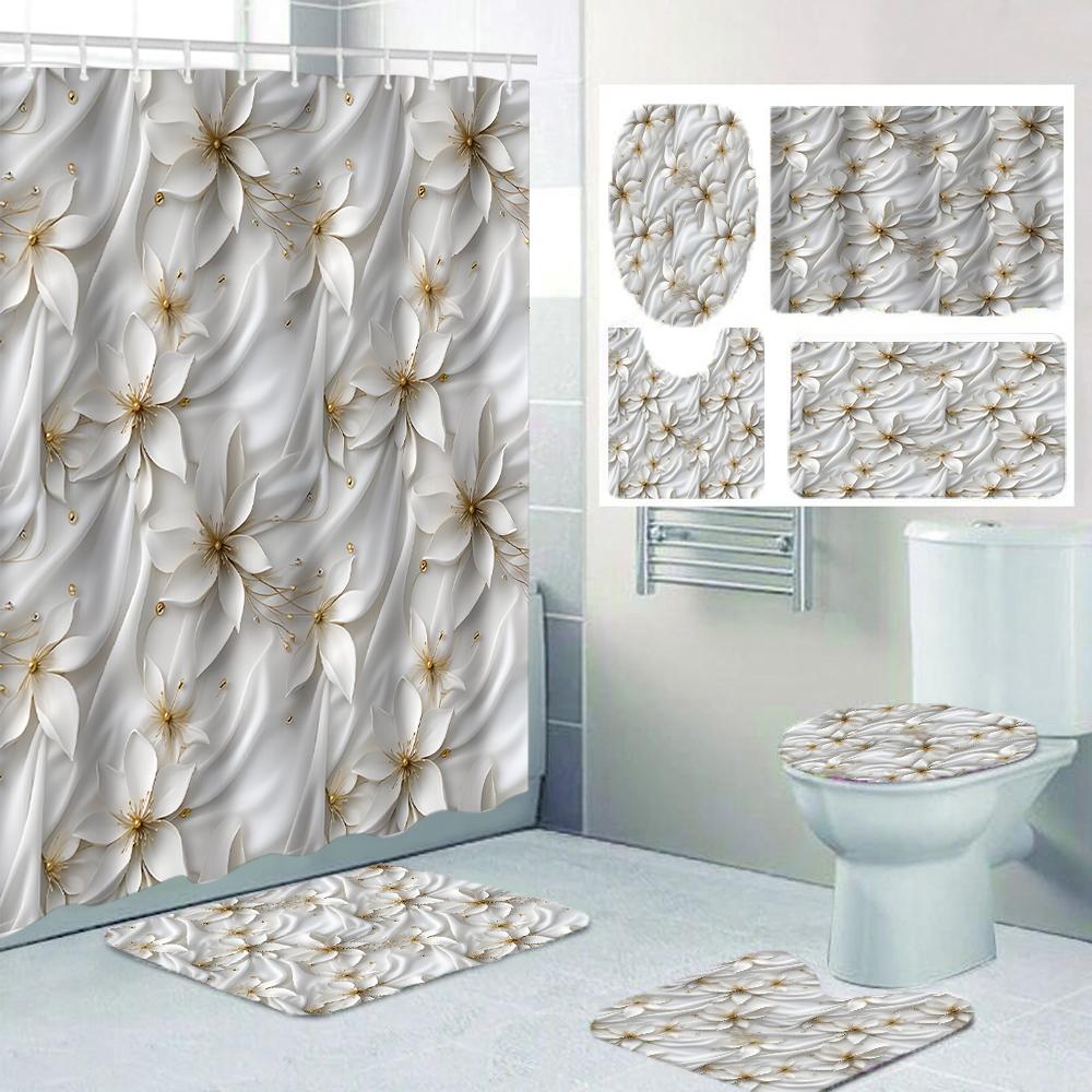 1/4 White Flower Shower Curtains, Toilet Seat Decoration, Shower Curtain With Carpet And Toilet Lid, 12 70.8X70.8 Inch Hooks