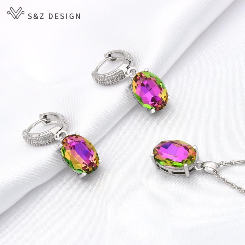 Mode Rose Gold Farbe Oval Ei Form Kristall Tropfen Ohrringe Schmuck Sets Für Frauen Hochzeit Party Elegante Anhänger Halskette