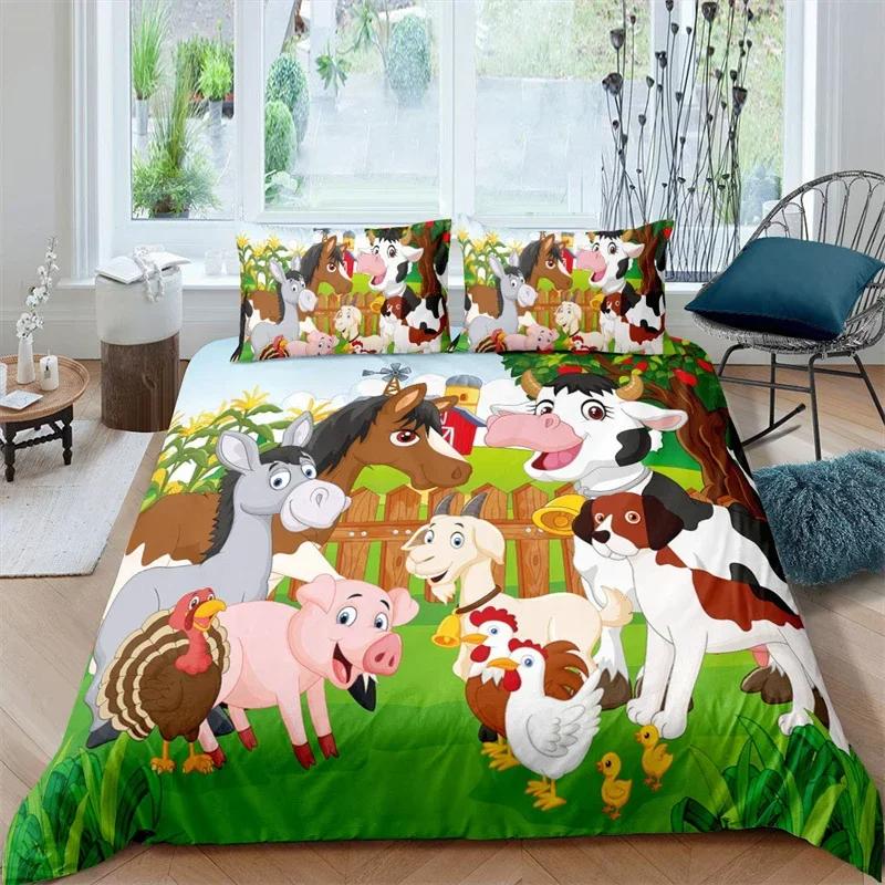 Farm Animal Duvet Cover Kawaii Pig Bedding Set Polyester Pigs Floral Comforter Cover Twin King For Teen Boy Girl Gift Room Decor