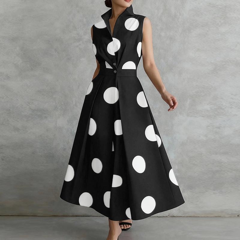 ZANZEA Women Elegant Turn Down Collar Casual Sleeveless Polka Dot Print Dress L