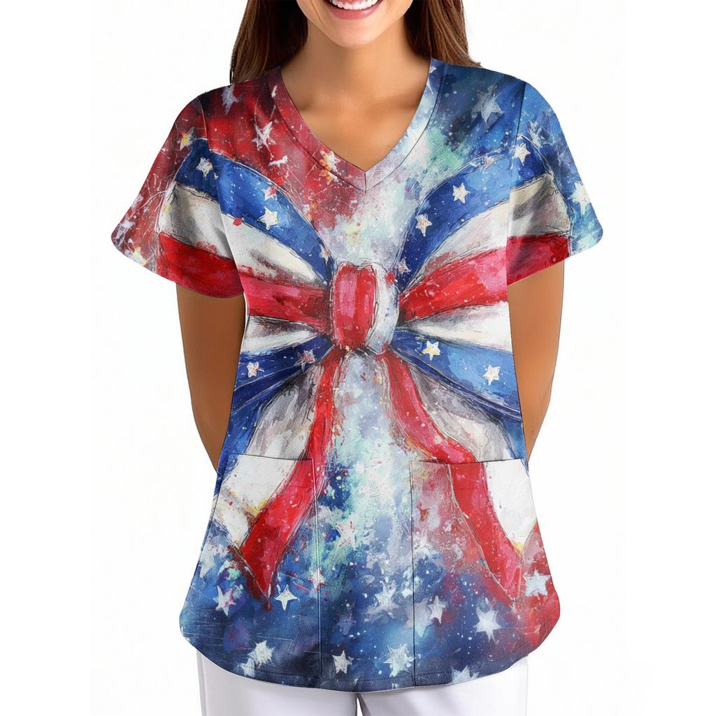 Women's Independence Day Printed Loose V-Neck Pocket Short-Sleeve Caregiver/Uniform