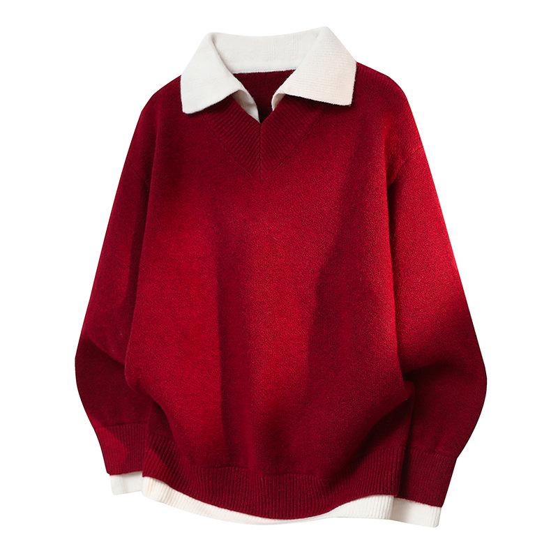 Men s Retro Two-Piece Faux Sweater: Autumn/Winter Loose Lapel Trendy Knit Shirt 3XL