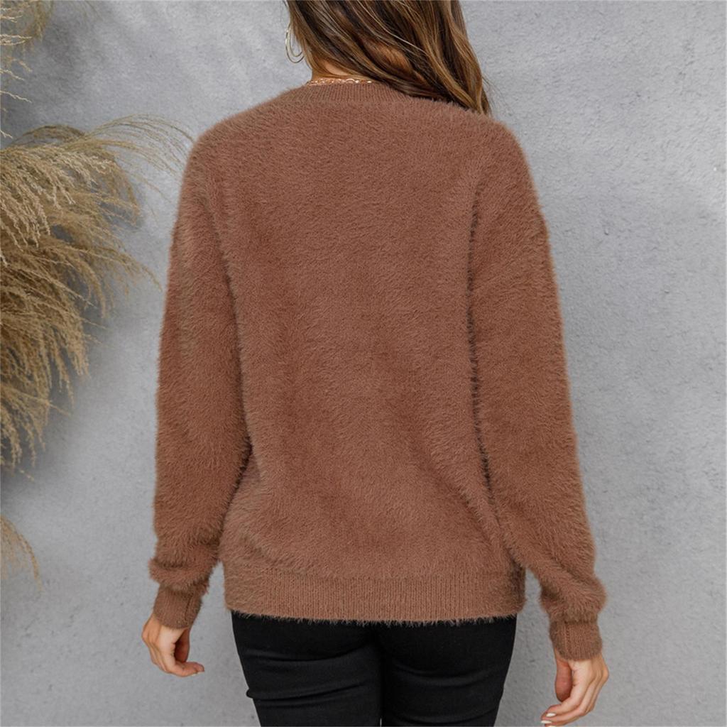 Ladies Winter Solid Color Plush Pullover Long Sleeve Sweater Casual Shirt Tops