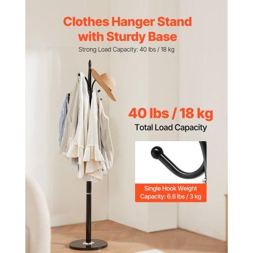 VEVOR Coat Rack Freestanding, Coats Tree Stand with Stable Marble Base & 6 Hooks, Free Standing Hall Coat Rack for Entryway, Bedroom, Office