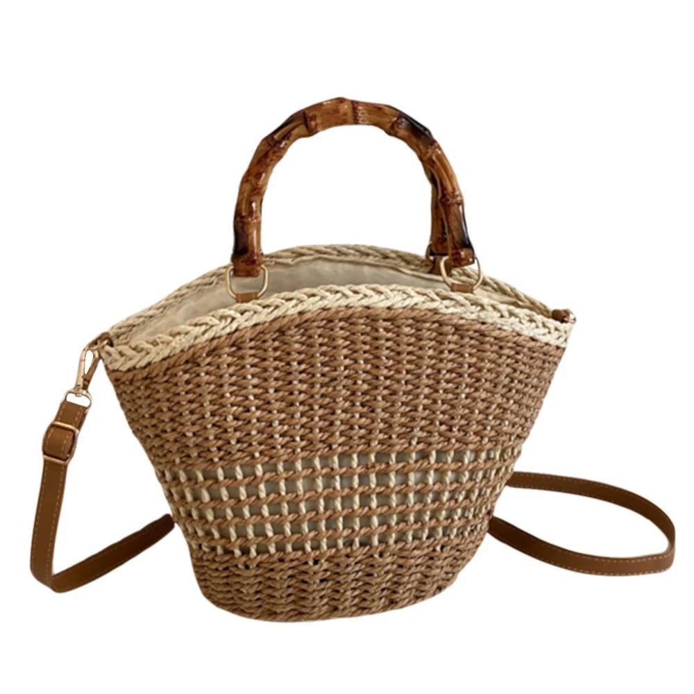 

Sweet Weave Straw Bag Large Capacity Woman Handbag Ins Bucket Shoulder Bag Travel верблюд
