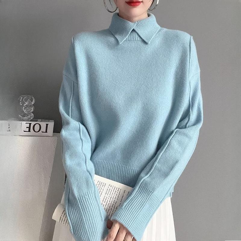 Women Blouse Solid Spring Turn Down Collar Sweater Loose Inner Wear Knit Wool Base Layer