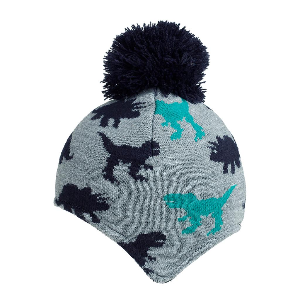 Toddler Knit Beanie Hat with Dinosaur Jacquard Pattern Earflap Design Pom Pom Top Kids Winter Warm Soft Stretchy Hat for Boys Girls