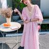 Summer V-Neck Pink Striped Dress Loose Tummy-Hiding Slimming Mid-Length Knee-Length Skirt