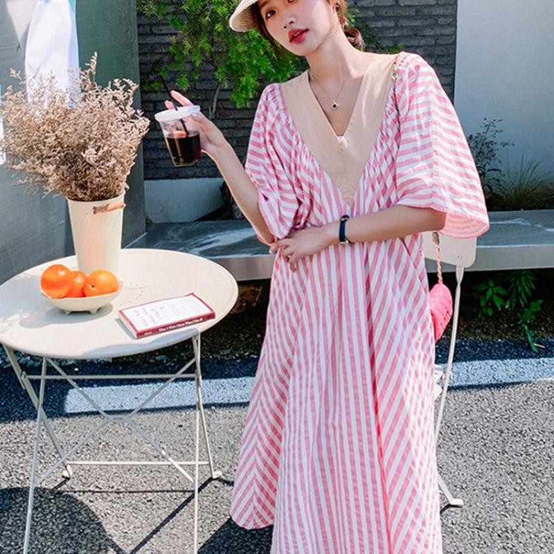 Summer V-Neck Pink Striped Dress Loose Tummy-Hiding Slimming Mid-Length Knee-Length Skirt