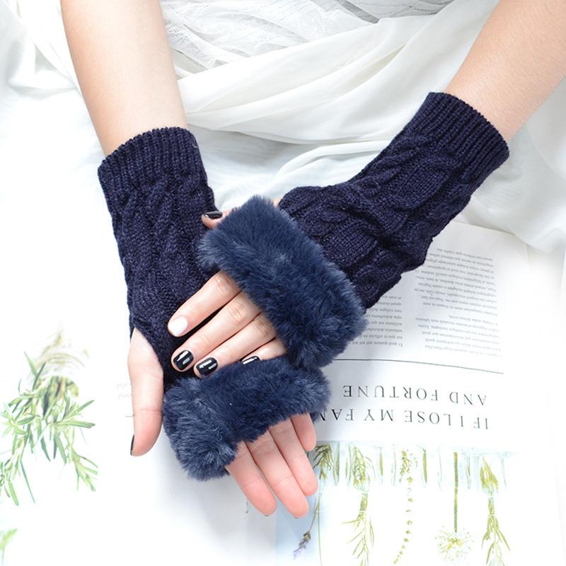 Winter Women Gloves Plush Faux Fur Knitting Wool Keep Warm Mitten Fingerless Lady Girl Half Finger Gloves Christmas Gift