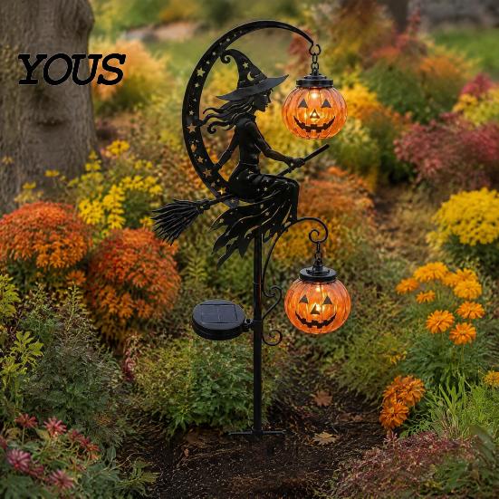 Metall-Rasenornamente für den Garten, Solarbetrieben, Halloween-Hexe, Kürbis, Erdspieß-Licht, Besen, Mond, Saisonale Außenatmosphärenlichter, Statue, Skulptur