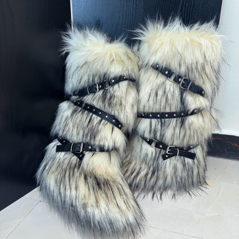 Y2K Spice Girls Sexy Tall Snow Boots New Cross Belt Buckle Fur Fluffy Boots