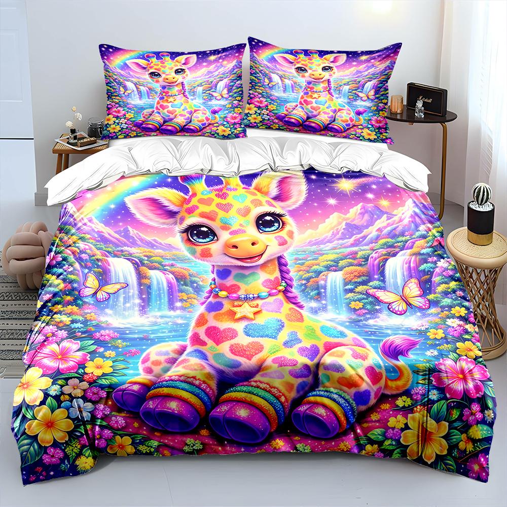 Rainbow waterfall and colorful giraffe Print Bedding Set 1 Duvet Cover 2Pillowcases for Adult and Children Luxury Gift Full Size