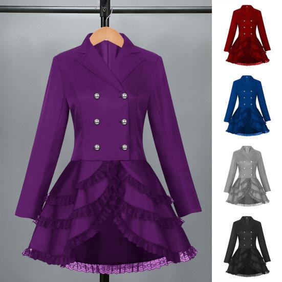 Women Double Breasted Victorian Steampunk Blazer Coat Gothic Tuxedo Tailcoat Jacket with Lace Hem Halloween Wedding Uniform Costume
