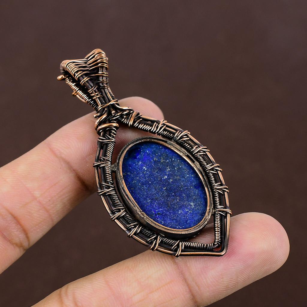 Natural Lapis Lazuli,Garnet Stone Handmade Copper Wire Wrap Pendant 2.56" I2Y10