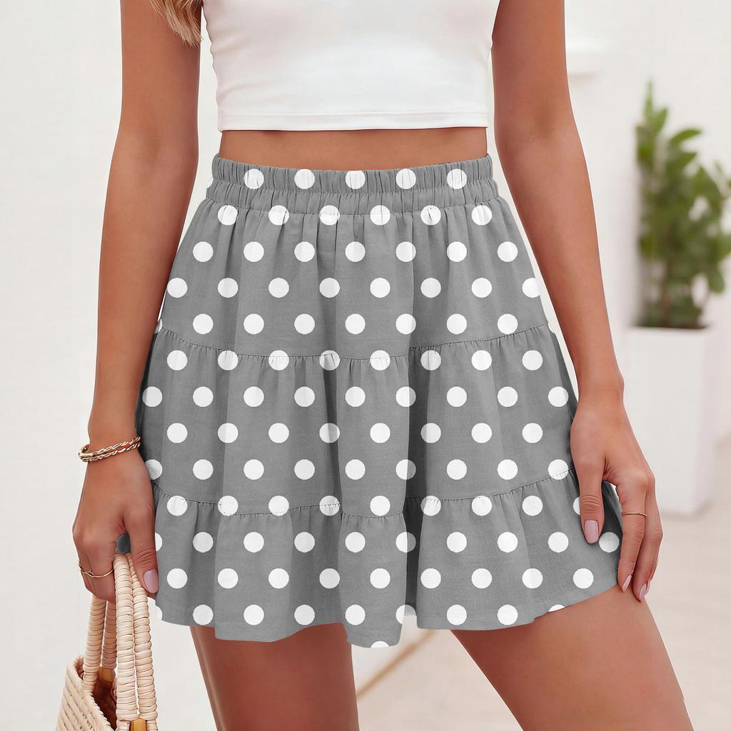 Women Polka Dot Print Casual Beach Skirt Elastic Waist Tiered Mini Skirt Lightweight Comfortable Summer Skirt