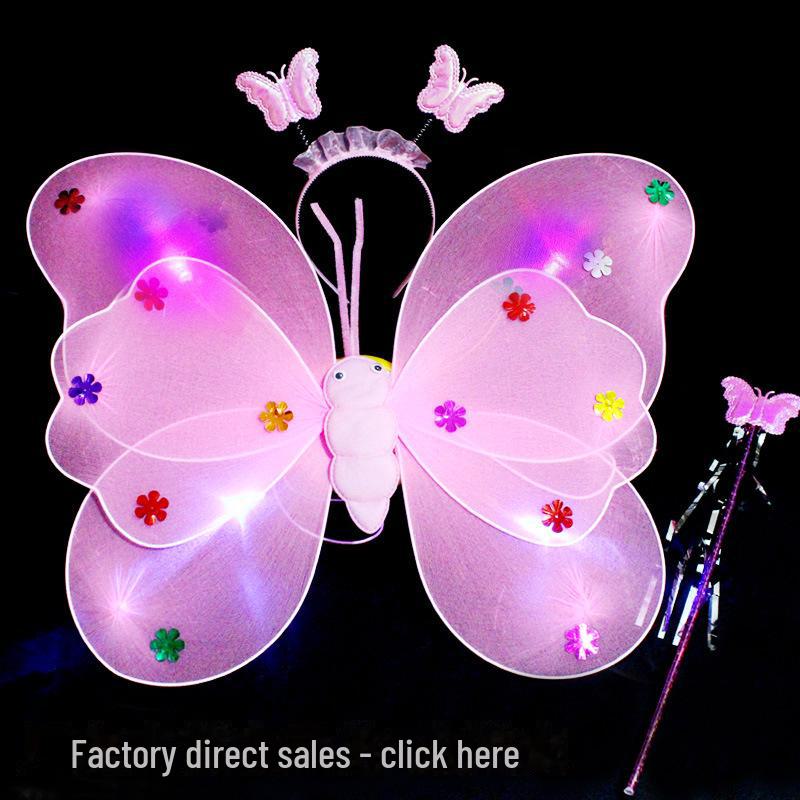 Children's Glow Angel Costume: Girl's Gauze Skirt with Flashing Wings and 20-Light Butterfly Design, 3-Piece Set.