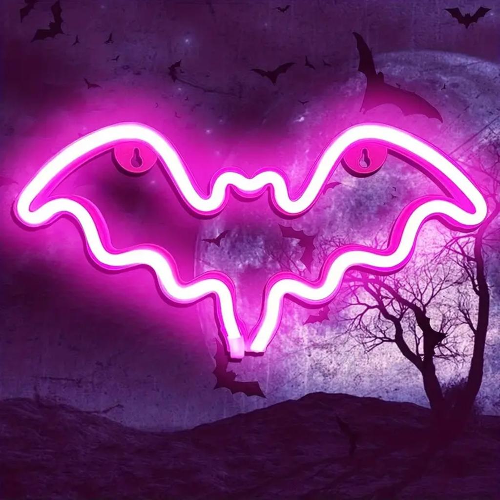 1pc Halloween Bat Ghost Neon Lamp Wall Decorative Night Lights USB Or Battery Powered For Home Bedroom Living Room Decoration