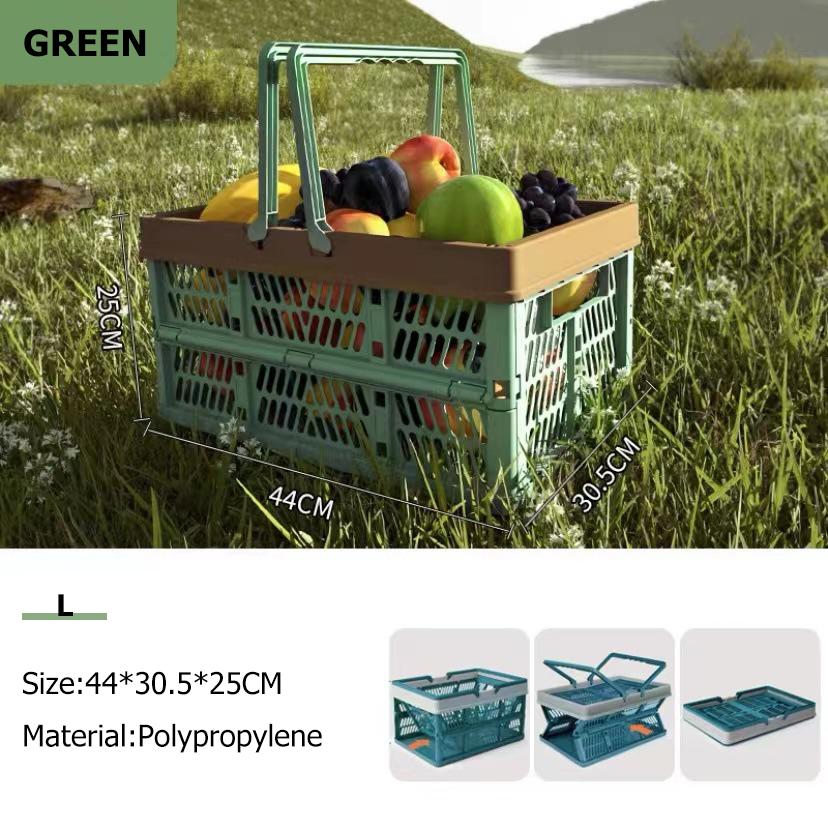 

Складная портативная корзина для пикника на открытом воздухе, портативная пластиковая рамка для хранения на природе, большая корзина для покупок в супермаркете L зелёный