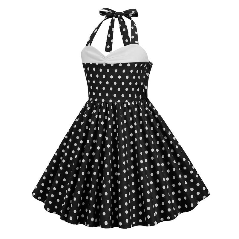 Girls' Fashionable High-Waisted Halter-Neck Patchwork Polka Dot Retro Dress For Summer