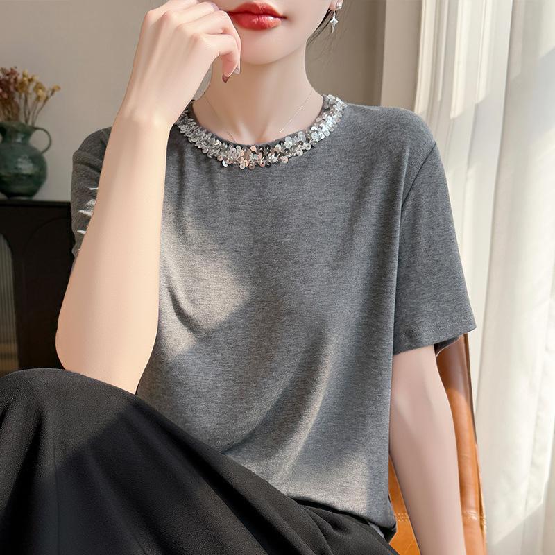 Spring and Summer Heavyweight Sequin Solid Color Base Shirt T-Shirt New Round Neck Knitted Shirt Short Sleeve Women's