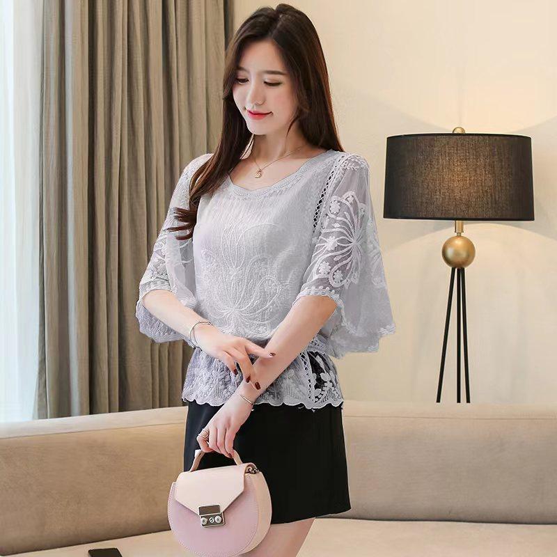 Flower Half Sleeve Shirt Women Elegant Fashion Butterfly Chiffon Blouse Summer Cotton Edge Lace O Neck Loose Shirt
