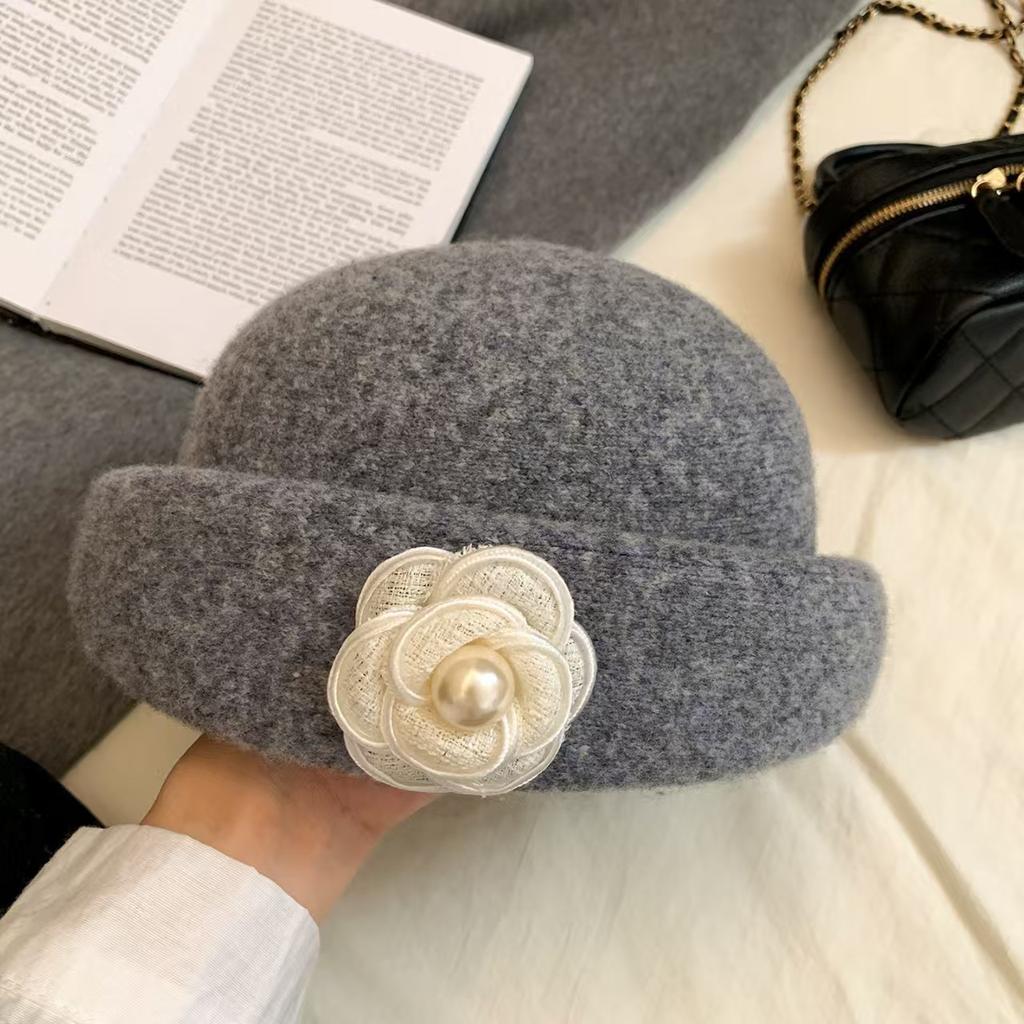 French Camellia Pearl Top Hat, Women'S Autumn And Winter Luxury Sense, Beret, Retro Pot Hat