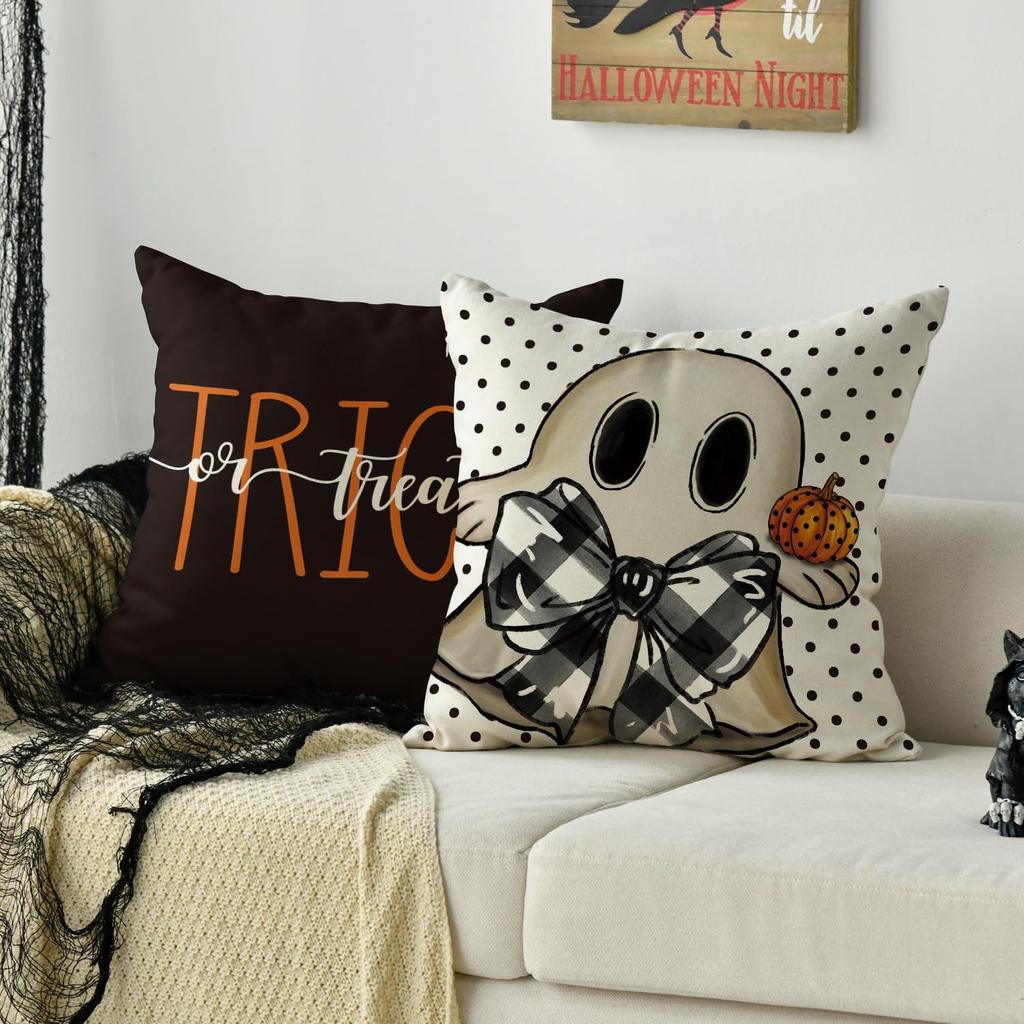 AVOIN colorlife Happy Halloween Cute Ghost Trick or Treat Throw Pillow Covers, 18 x 18 Inch Polka Dot Pumpkin Bat Cushion Case for Sofa Couch Set of