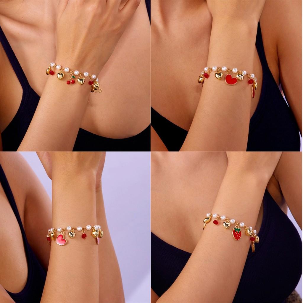 Fruit Jewelry Cherry Strawberry Heart Alloy Bracelet For Women Gift
