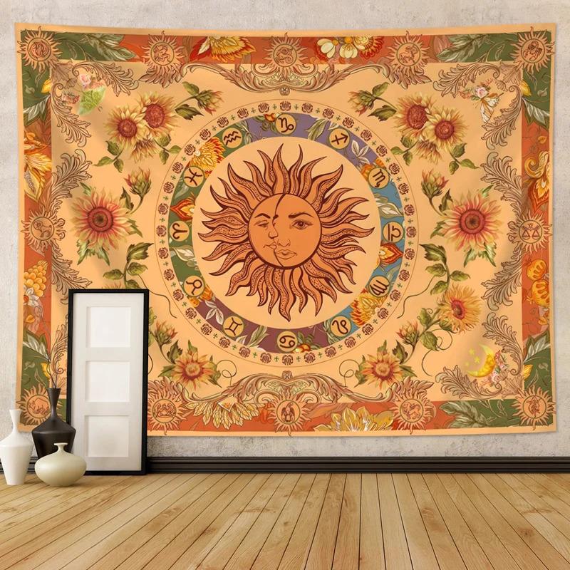 VIKAMA Bohemian Style Sunflower And Flower Tapestry Retro Astrology Elements Tapestry Decorative For Living Room Sofa Background