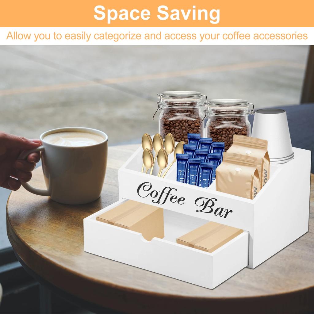 Coffee Bar Organizer with Drawer Wood Coffee Bar Accessories Organizer Coffee Station Organizer Versatile Coffee Pods Holder New