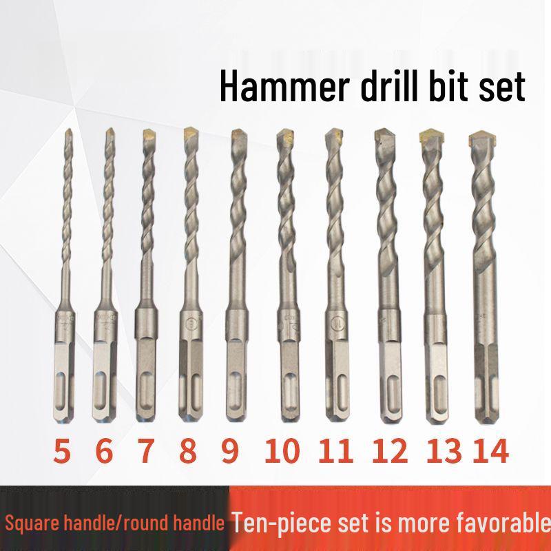 10-Piece Electric Hammer Drill Bit Set, Square & Round Shank (Sizes 4-14)
