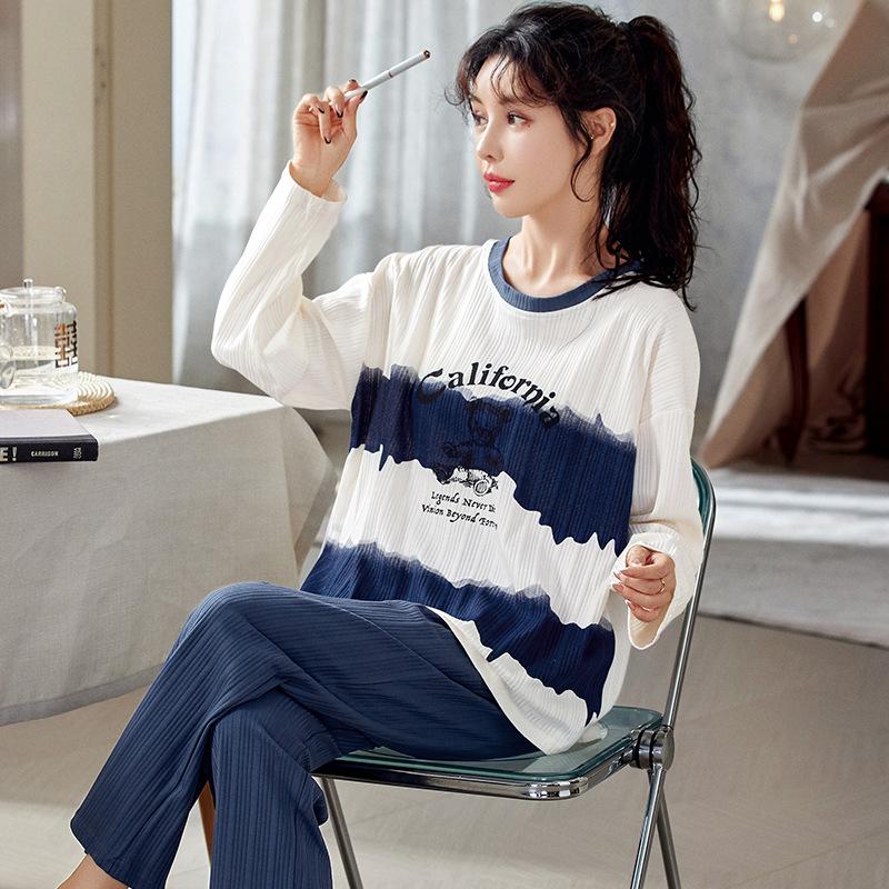 

Пижамные костюмы с длинными рукавами, женские весенне-осенние спортивные костюмы, одежда для сна, повседневная свободная зимняя домашняя одежда, пуловер больших размеров, хлопок XXXL темно-синий