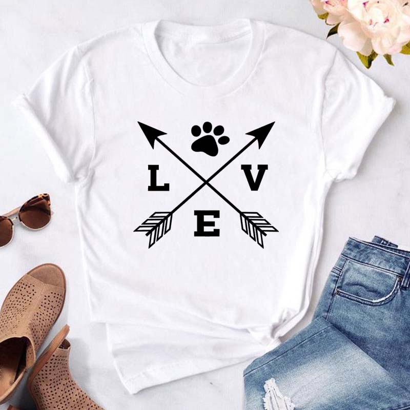 Women Dogs Paws Love Heart Printed T-shirts Fashion Summer Short Sleeve Lady Womens Clothes Tops T-Shirt Black Shirt Tees Female