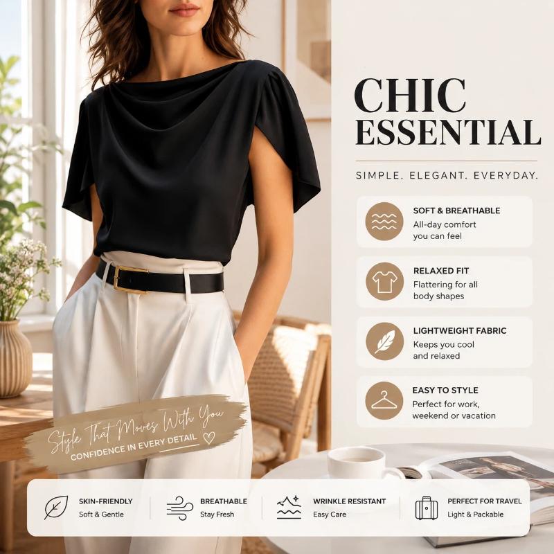 Top Casual da Donna a Maniche Corte con Collo a Sciarpa Drappeggiato in Raso Imitazione Seta, Nuovo Stile Estivo