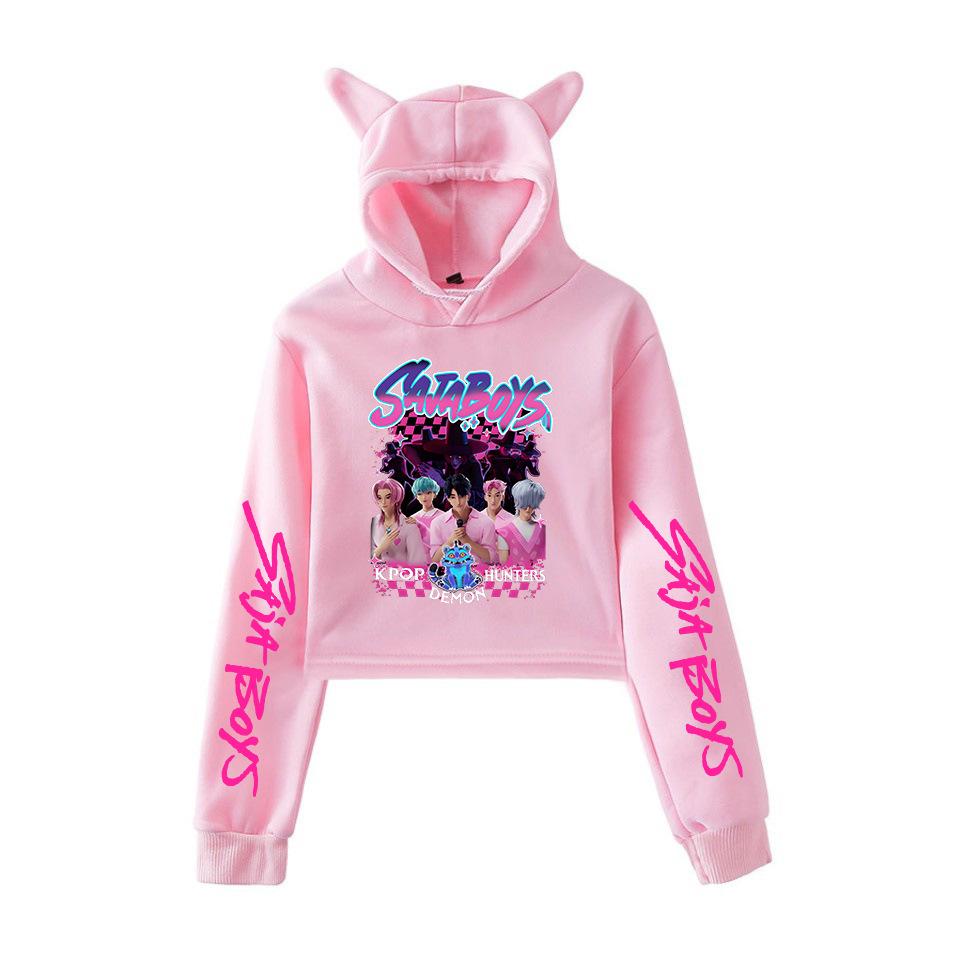 

KPOP Охотники на демонов Саджа Мальчики Худи Женский Графический Пуловер Аниме Фильм Косплей Толстовка с Капюшоном и Кошачьими Ушками Школьные Топы XS розовый