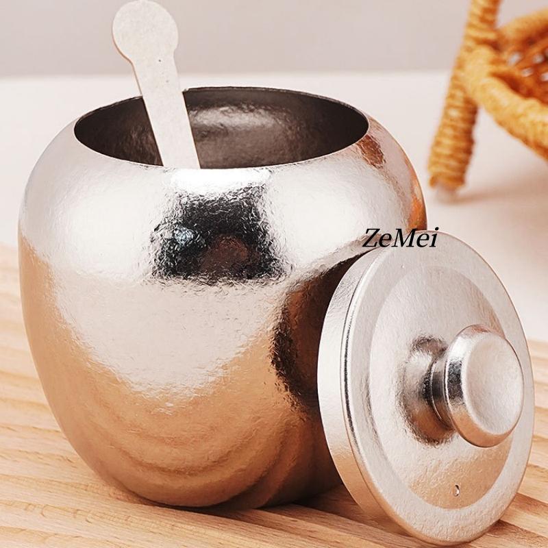 Silver Seasoning Jar,Pure Titanium With Lid and Spoon Spice Container Salt Organizer,Coffee Beans Storage Jar,Kitchen Tools
