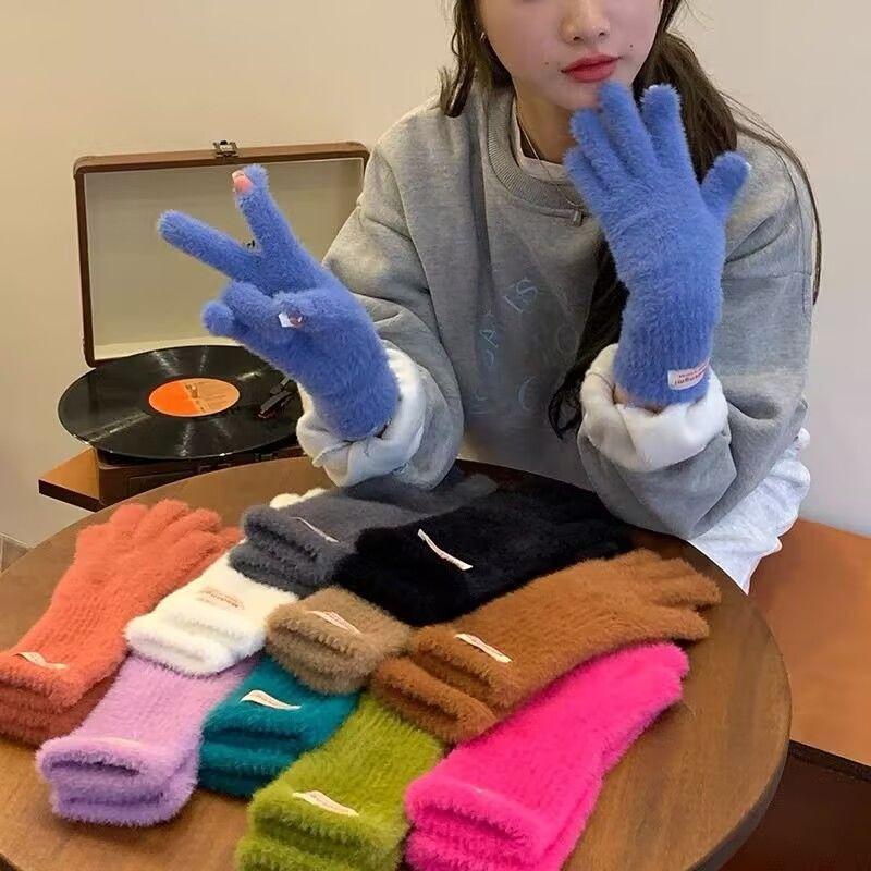 Guanti in Peluche Coreani da Donna Invernali in Velluto Manopole Invernali Spessi Caldi Guanti a Maglia Colore Solido Touch Screen Guanto Lungo Regalo