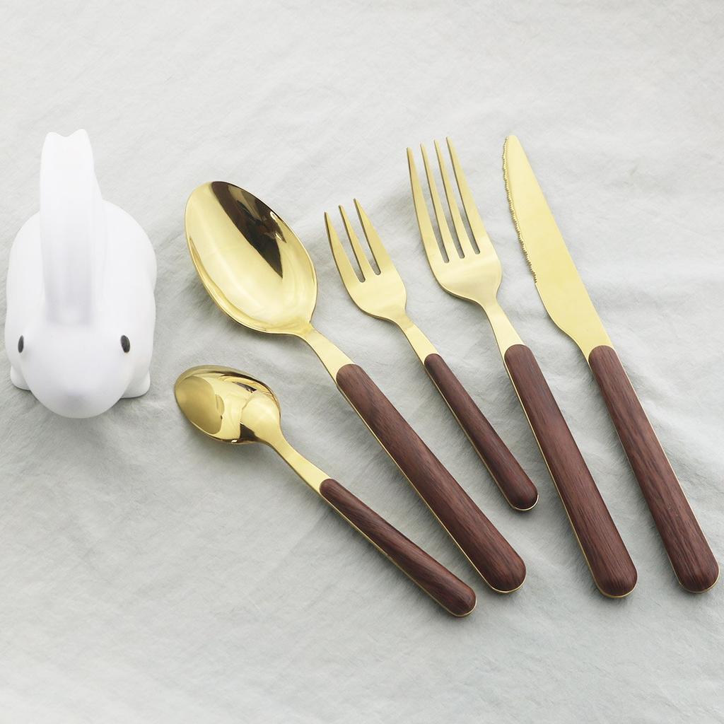 5Pcs Wooden Handle Dinnerware Stainless Steel Mirror Cutlery Set Western Knife Fork Spoon Silverware Tableware Set