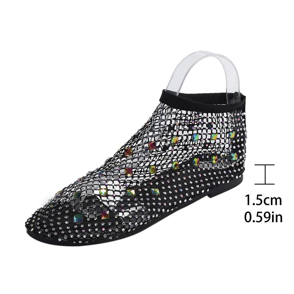 Fashion Low-cut Women's Flat Sandals Summer Mesh Hollow Breathable Outdoor Beach Fashion Rhinestone Decorative Baotou Sandals.