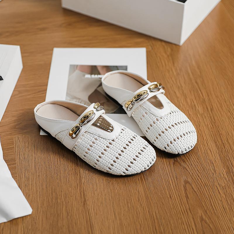 

French metal word with muller shoes women s retro woven hollow light luxury flat bottom half drag bag head cool slippers women 40