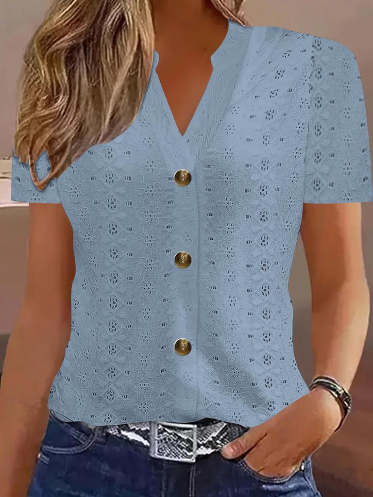 Summer New Women's Fashion Casual Solid Color Button V-Neck Short Sleeve T-Shirt
