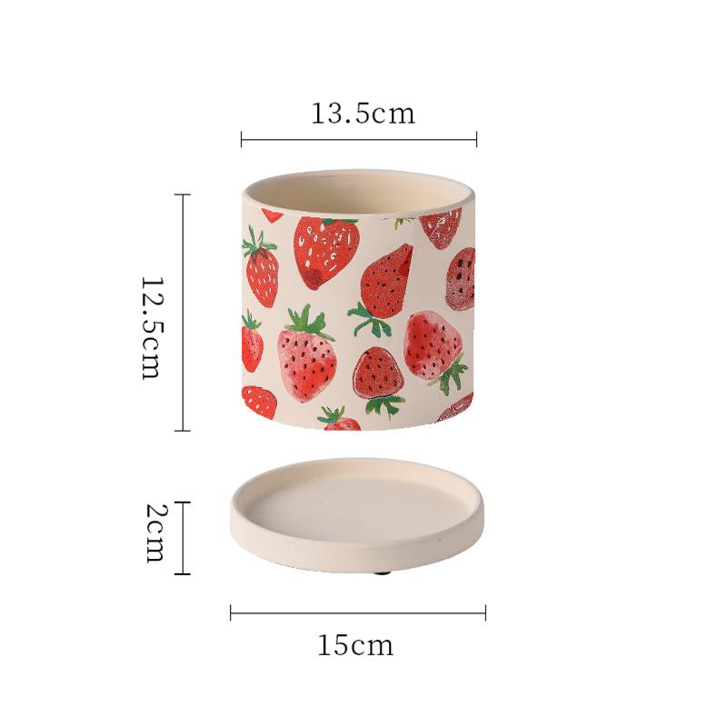Creative Cartoon Fruit Ceramic Flower Pot Plant Flower Pot with Tray Cylindrical Countertop Flower Pot Living Room Garden Decor